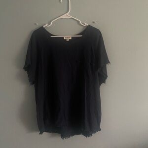 Umgee Dark Blue Short Sleeve Top with Frayed Hem